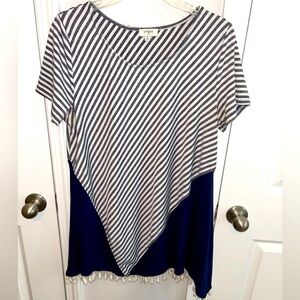Umgee women’s Blue White Stripe mini dress Pom‎ Pom Trim Size Medium